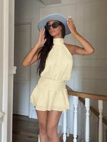 Ronhire Đầm ngắn hở lưng màu trơn thiết kế buộc dây gợi cảm cho nữ, thích hợp cho kỳ nghỉ hè - Màu vàng ngỗng - Xem 5