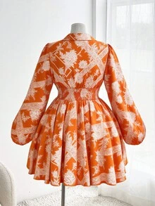 Sweetra 大码女式碎花印花收腰长袖优雅休闲度假衬衫裙 - 橘色 - 查看 3