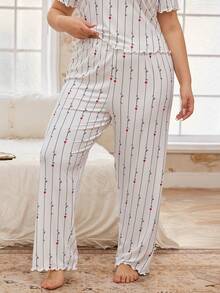CottageSlumber Romantic Heart & Wavy Line Decor Plus Size Short Sleeve Top And Pants Set - White - View 8