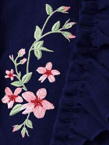 SHEIN Young Girl Floral Embroidery Ruffle Trim Flounce Sleeve Button Front Cord Dress Dark Green Dress For Young Girl