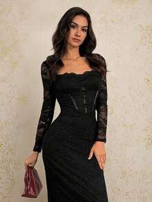 SHEIN Tall Women's New Sexy S-Shaped Lace Long Sleeve Bustier Corset Mermaid Dress For Party, Date Night, Evening,Black Dresses Classy Elegant,Fall Dresses For Women Eleganza Curve Valentine's Day Collection - Black - View 8