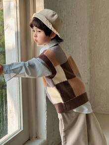 DAZY Young Boys Loose Fit Plaid Knit Sweater, Casual Style For Fall Vest - Brown - View 4