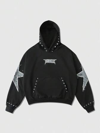 Men's Fashionable Drawstring Hooded Sweatshirt With Five-Pointed Star Pattern, Long Sleeve