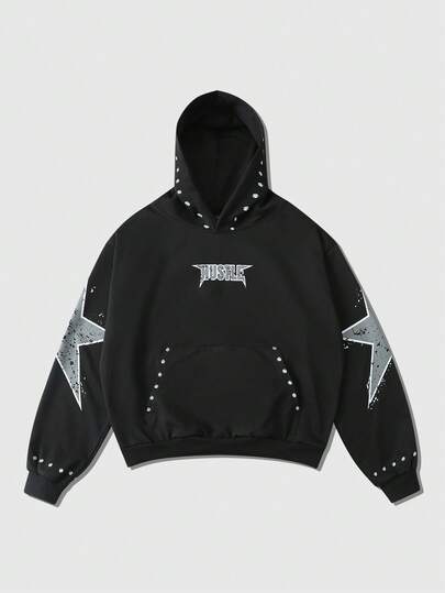 Sudadera con capucha con cordón y estampado de estrella de cinco puntas, de manga larga, para hombre