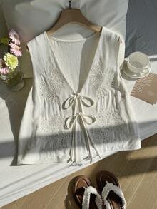 Comfortcana 大码度假装：白色镂空刺绣系带衬衫 - 米色 - 查看 4