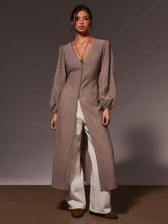 Athîral 女士纯色灯笼袖单排扣休闲长款开衫衬衫