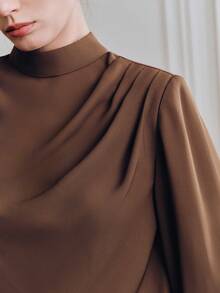 Anewsta Blusa de manga larga con diseño de cuello swing elegante y de alta calidad para mujeres - Café integral - Ver 2