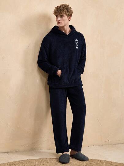 EverLounge 男士皇冠刺绣毛绒连帽衫和裤子睡衣套装