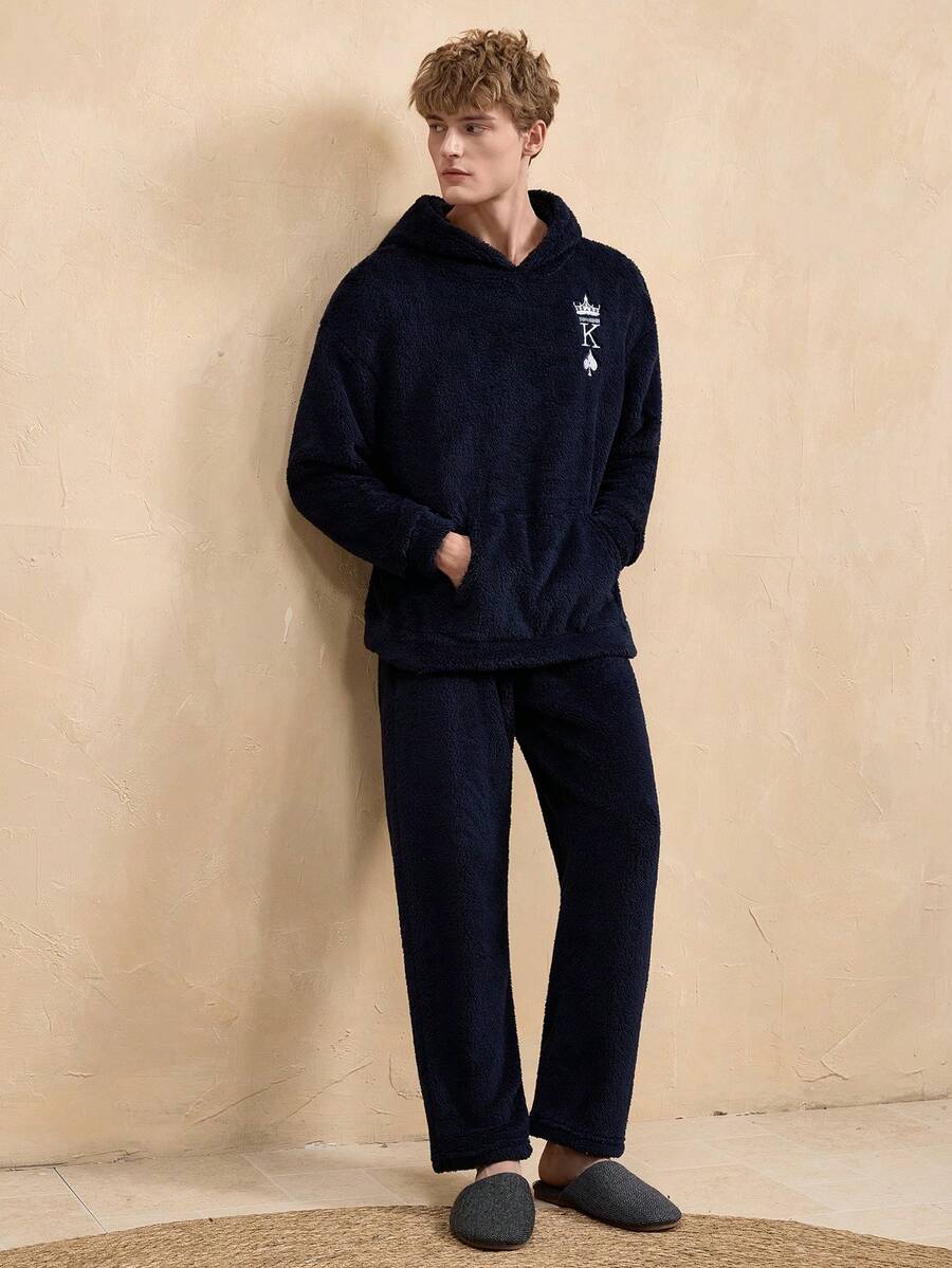EverLounge 男士皇冠刺绣毛绒连帽衫和裤子睡衣套装 - 寶藍色 - 查看 1