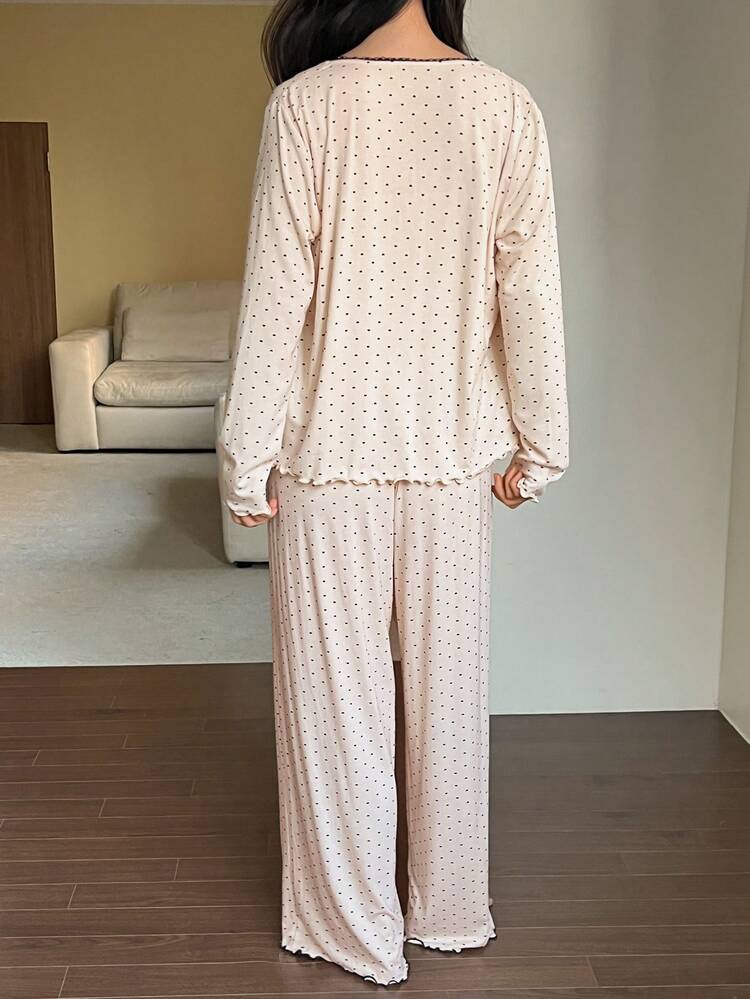 3pcs Polka Dot Print Contrast Color Lace Patchwork Camisole Cardigan & Pants Women Pajama Set