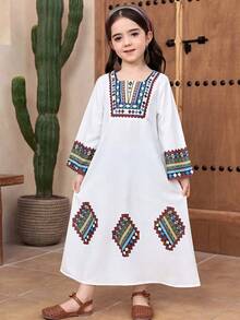 SHEIN Vestido de manga larga con estampado geométrico para niña - Blanco - Ver 5
