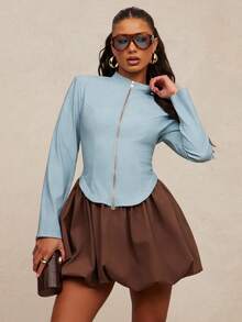 NYA SZN Dress Long Sleeve Pleated Zipper Detail Bubble Skirt Event Club Party Night Out Ibiza Holiday Gyaru Mini Length Fall Winter Statement Festival Carnival Outfits For Women - Multicolor - View 3