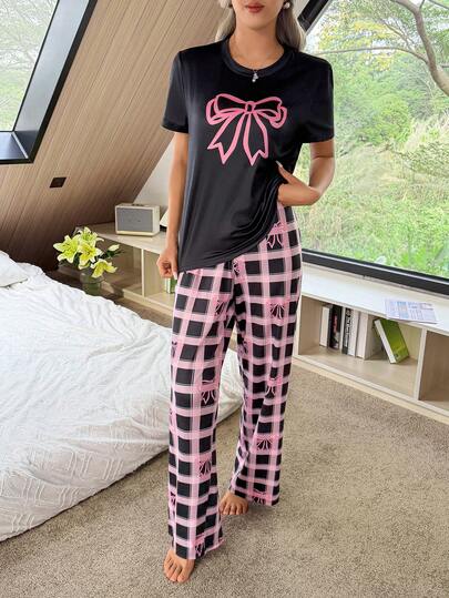SHEIN 2pcs/Set Bow Print Short Sleeve Top And Pants Set Bow Pjs Cute Pajama Set For Women Pajamas Set For Women Comfy Pajamas Set Bow Pajama Set