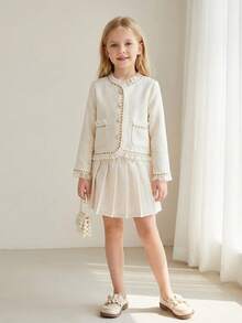 两件套女童梭织纹理面料花卉饰边外套和百褶裙套装 - 米色 - 查看 3