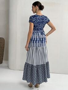 Yasmyna 女士抽象人脸印花圆领短袖休闲阿拉伯风格连衣裙 - 藍色 - 查看 4