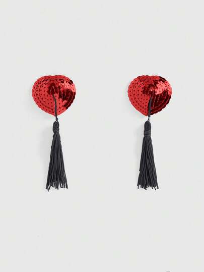 ROMWE Avant Women's Sequin Heart Tassel Nipple Pasties/Pair, Suitable For Parties And Dances, For Valentine's Day