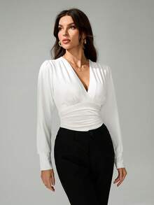 SHEIN Tall 纯色裹身领口褶皱时尚连体衣 - 白色 - 查看 4