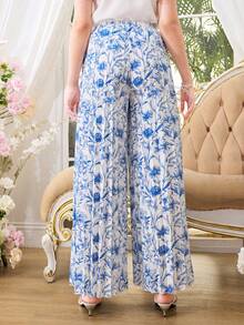 Sparklyn Quần ống rộng xếp ly cạp chun in hoa dành cho nữ tuổi teen, kiểu dáng thanh lịch và thoải mái, phù hợp cho mùa xuân/hè, đi nghỉ mát, đi chơi và dự tiệc. - Màu xanh lam - Xem 2