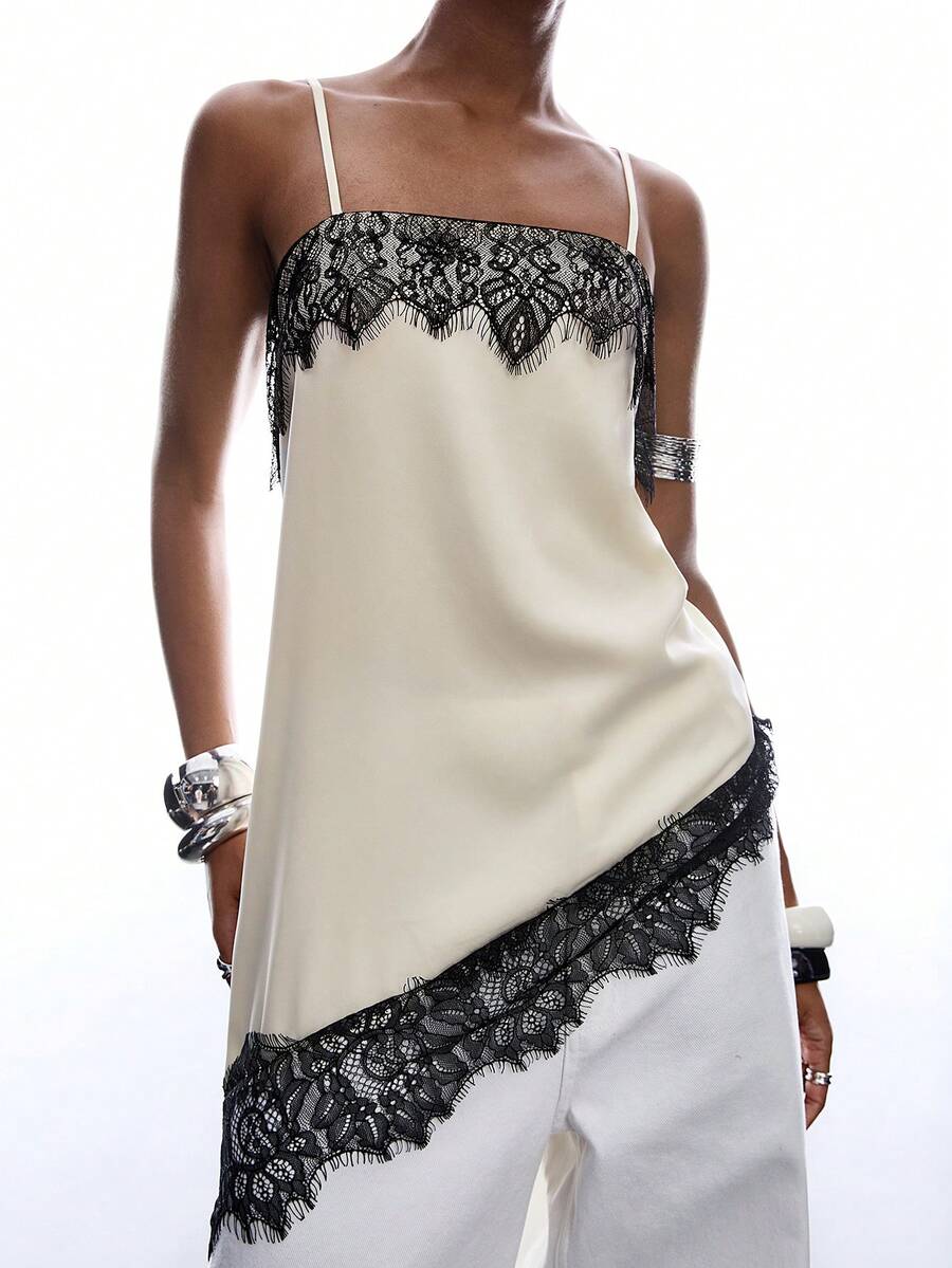 LYSMO 2026 New Arrive Minimalism Spring/Summer Women's Contrast Lace Asymmetric Hem Fashion Camisole - Beige - View 1