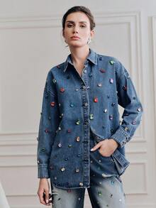 Anewsta 女士浪漫亮片长袖衬衫，时尚、迷人、性感，饰有水钻，适合情人节派对、度假等场合，蓝色 - 藍色 - 查看 2