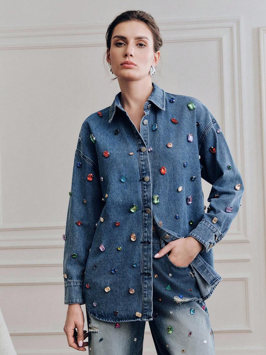 Anewsta 女士浪漫亮片长袖衬衫，时尚、迷人、性感，饰有水钻，适合情人节派对、度假等场合，蓝色 - 藍色 - 查看 1