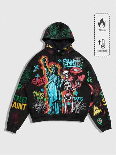 Street Life Sudadera con capucha de manga larga para hombre con cordón y gráfico creativo de cruz y calavera