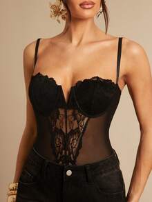 Silquee 女士撞色蕾丝网纱性感吊带连体衣 - 黑色 - 查看 5