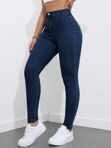 Rivivi Quần jean denim nữ màu trơn kiểu dáng thường ngày - Rửa tối - Xem 8