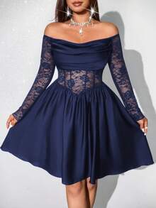 Viva Relle 大码女式垂褶领长袖缎面蕾丝拼接镂空中长A字黑色腰身连衣裙，优雅复古休闲派对鸡尾酒会礼服 - 藏蓝色 - 查看 3