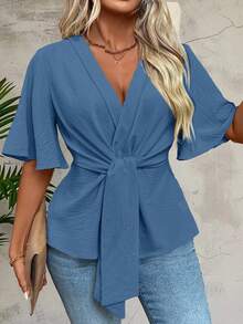 EMERY ROSE Plus Size Solid Color V-Neck Tie Front Short Sleeve Blouse - Blue - View 6