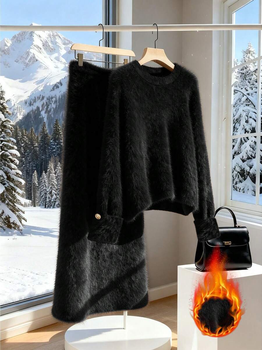Women's Elegant Sweater And Faux Fur Skirt Set, Autumn/Winter - Black - View 1