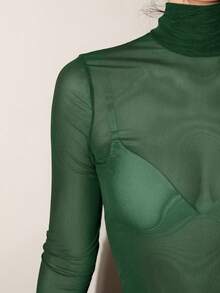 Bris Aura 斯德哥尔摩风格，女士教师装，秋季服装，高领高领针织上衣，优雅秋冬衬衫，网眼长袖衬衫，商务休闲女士基本款上衣 - 墨綠色 - 查看 3