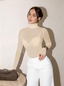 Bris Aura 斯德哥尔摩风格，女教师款，秋季，高领针织衫，优雅秋冬衬衫，网纱长袖衬衫，商务休闲女式基础款上衣 - 杏色 - 查看 5