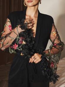 Slumberist 3pcs Lace Patchwork Floral Embroidered Sexy Women Pajamas Set - Black - View 5