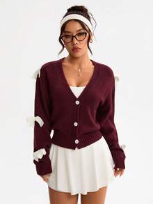 Easithlete Women's Bow Tie Cardigan, Sweet And Versatile Sweater - Maroon - View 4