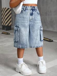 SHEIN 适合青少年女孩的超大复古蓝色牛仔短裤 - 淺色水洗藍 - 查看 6