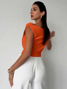 Firerie Women's Elegant Minimalist Chic Fashion Sexy Daily Commute Music Festival Vacation Asymmetric Neck Draped Cropped White Top, Spring/Summer - Orange - View 2
