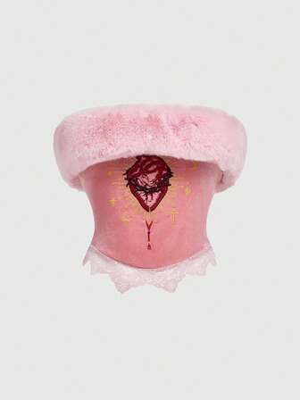 Goth Corpetto con colletto in finta pelliccia, ricamo a cuore gotico e bordo in pizzo