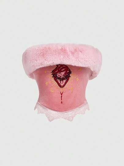 Gothic Heart Embroidery Faux Fur Collar Lace Trim Bustier Top