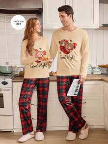 CoupledUp 2pcs Men's Heart Plaid Pajama Set, Couple Loungewear Cute Pajamas Teddy Bear Pajama Set Bear Pajamas Couple Pajama Couple Matching Pajamas Set - Multicolor - View 4