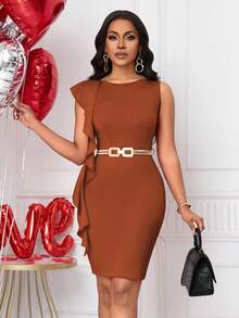 Lyxana Women's Ruffle Sleeve Fitted Elegant Ruffle Hem Short Dress, Valentine's Day Brown Bodycon Dress Brown Elegant Dress Women Rust Brown Dress Brown Sexy Dress - Coffee Brown - View 5