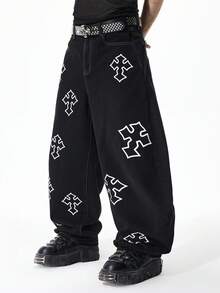 ROMWE MEN 男士印花弯刀黑色牛仔裤 - 黑色 - 查看 5