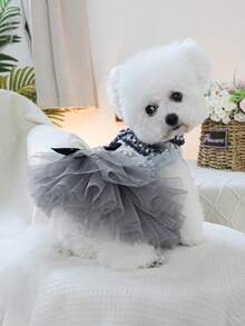 PETSIN 1 bộ quần áo đa năng cho mèo và chó, màu xám xanh nhạt, thích hợp cho mùa xuân và mùa thu, kiểu dáng công chúa với nơ ngọc trai trang trí. - Màu xanh xám - Xem 6