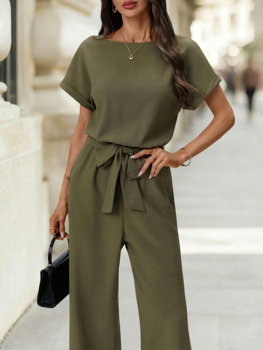 Editum 女款優雅橄欖綠連身褲，圓領夏季休閒上班穿搭，收腰設計，防皺連身褲，適合通勤與派對