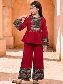 SHEIN Tween Girl Burgundy Autumn Wedding Guest Striped Patchwork Ruffle Trim Round Neck Long Sleeve Top And Straight Leg Pants Set,Children's Jalabiya Abaya - Red - View 3