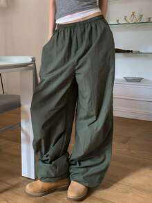 DAZY 弹性腰带休闲阔腿直筒女裤 - 軍綠色 - 查看 7