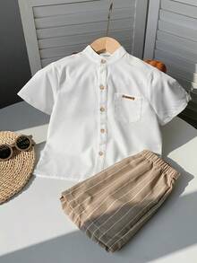2件套男童休闲舒适百搭立领短袖衬衫+条纹短裤套装，适合上学、郊游、度假、聚会、春夏穿着。 - 杏色 - 查看 3