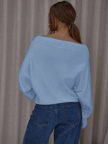 MUSERA Top de punto con cuello de barco, holgado, de murciélago, con botones delanteros, lindo, elegante, sexy, para usar en la calle o de noche en primavera - Neblina azul - Ver 2