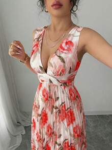 SHEIN Elenzya 无袖系带A字开衩印花优雅浪漫连衣裙，细节精致，适合度假穿着。 - 彩色 - 查看 6