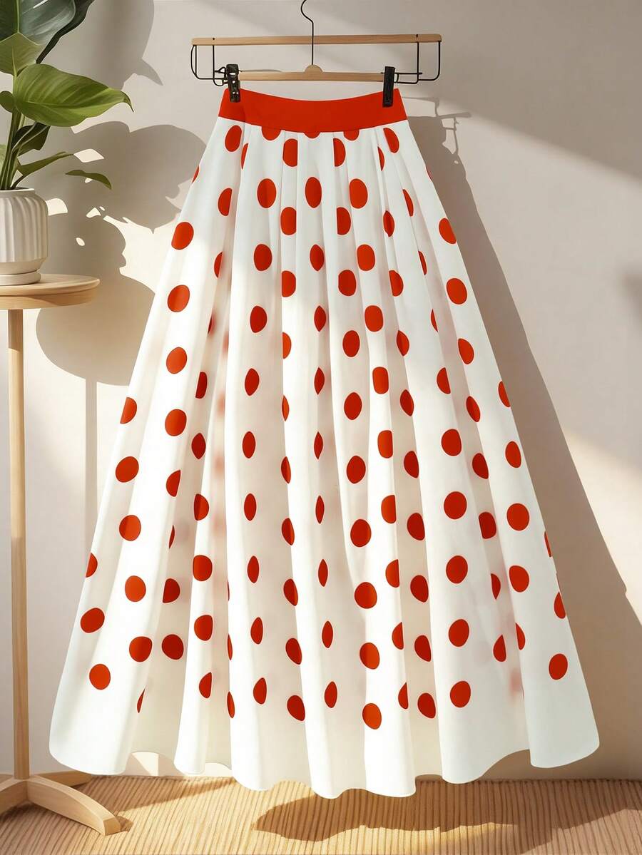 Franclia 【复古现代】红白波点常规腰A字长裙，小众复古伞裙，优雅垂坠，凸显女性柔美气质，时尚必备单品，适合夏季穿着，泡泡裙，草莓波点女裙 - 彩色 - 查看 1